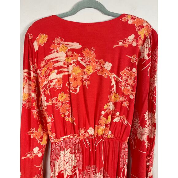 Free People Mixed Print Twist Dress in Red Combo Medium Midi Floral Chic NWT - Picture 8 of 13